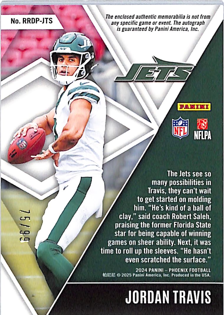 2024 Phoenix Jordan Travis Auto Autograph Rookie RC Patch Jersey Red /99 Jets