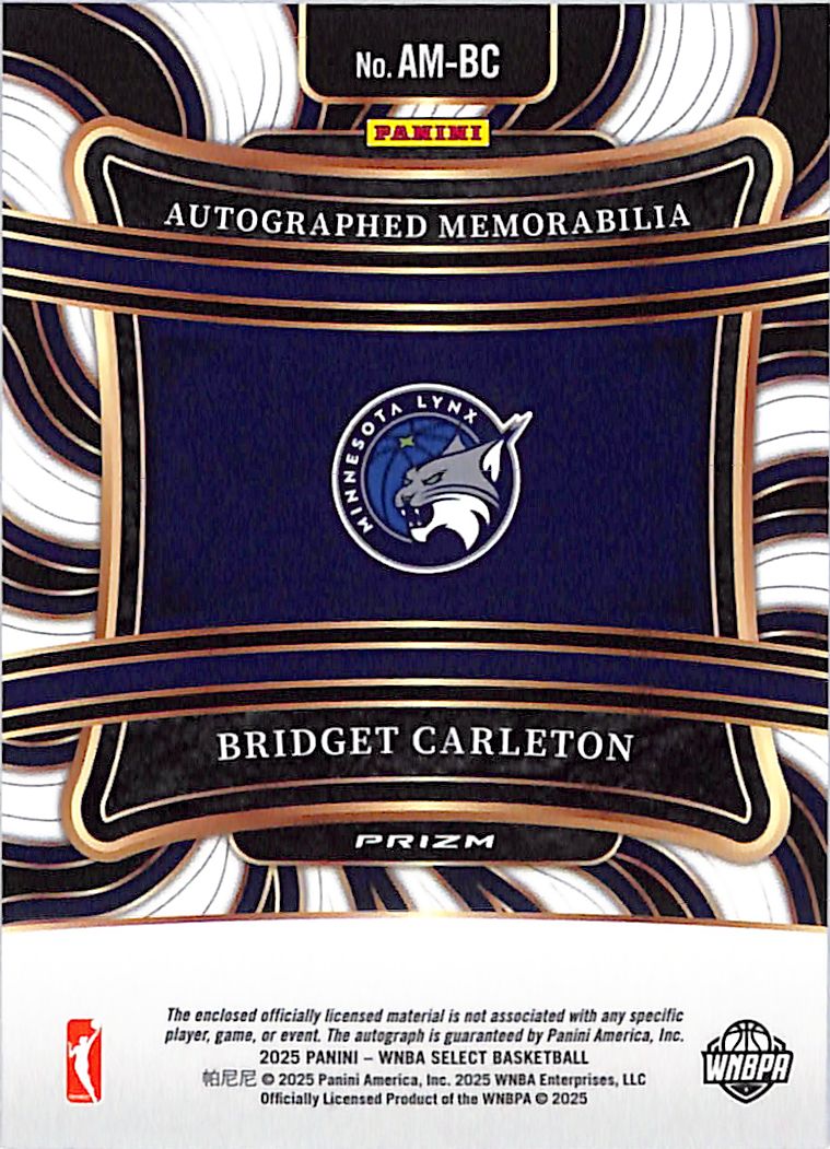 2025 Select WNBA Bridget Carleton Auto Autograph Jersey Patch Lynx