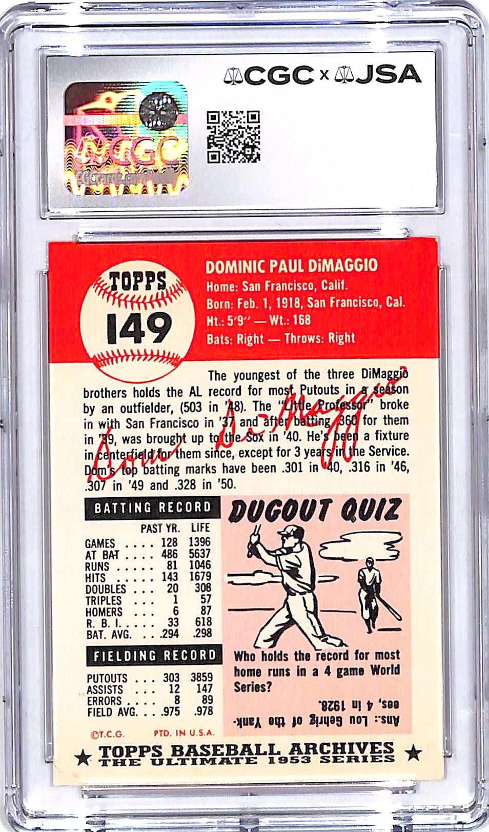 1991 Topps Archives 53 Dom Dimaggio Auto Autograph Signed CGC Authentic Red Sox