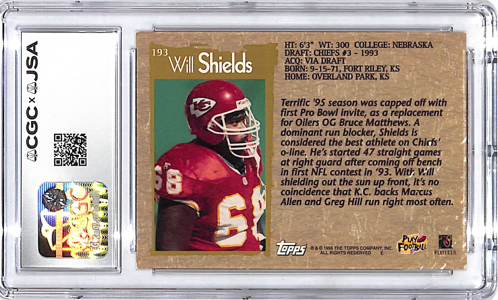 1996 Topps Will Shields Auto Autograph CGC Authentic Chiefs