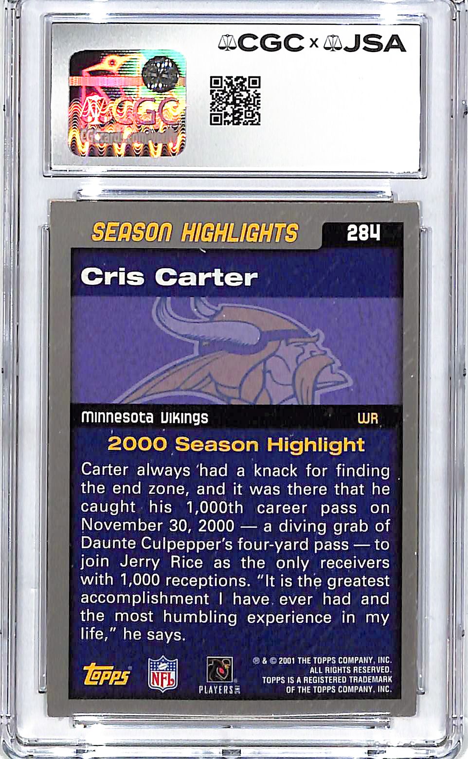 2001 Topps Cris Carter Topps Collection Auto Autograph CGC Authentic Vikings