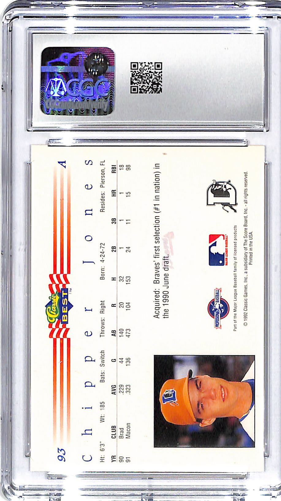 1992 Chipper Jones Classic Best #93 CGC Mint Plus 9.5