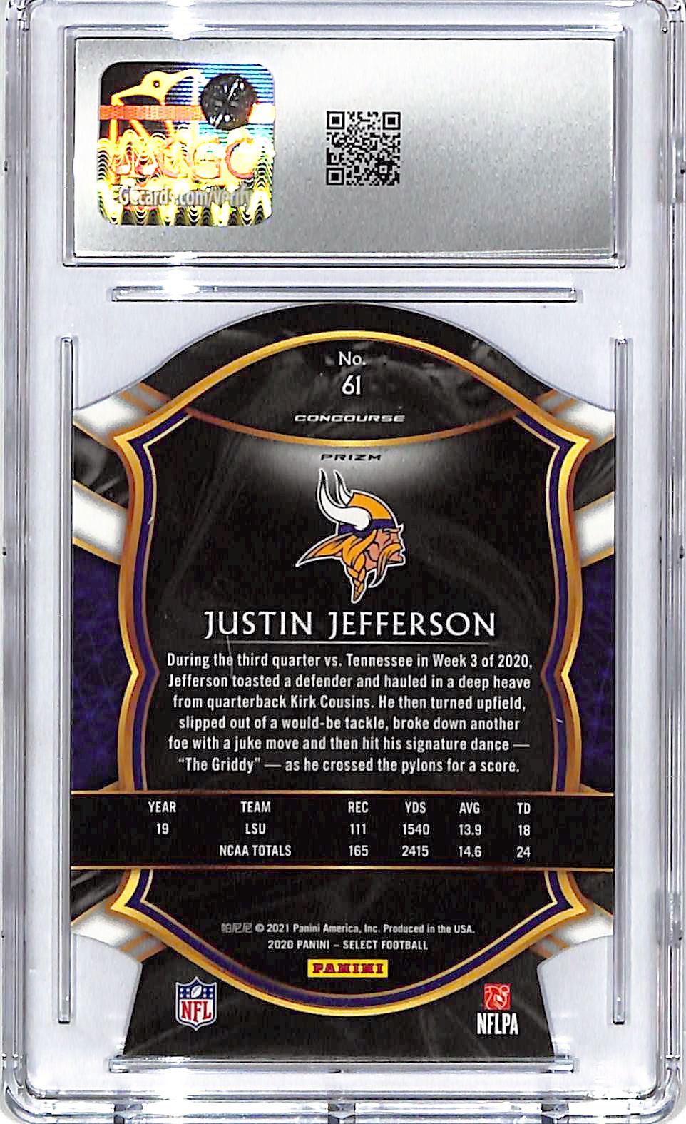 2020 Select Justin Jefferson Rookie RC Purple Die Cut CGC 9 Vikings