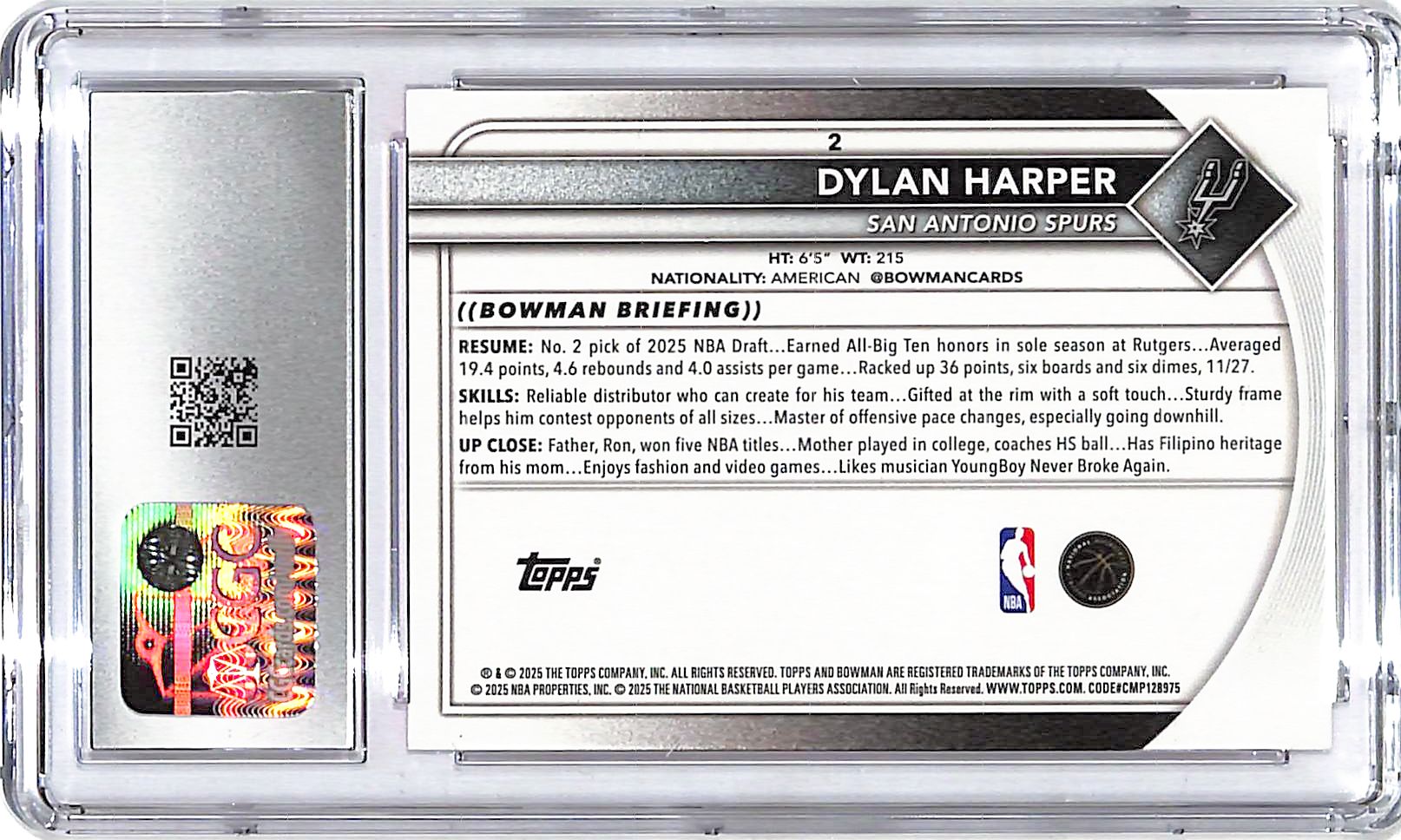 2025-26 Bowman Dylan Harper Rookie RC Pink /175 CGC 10 Spurs