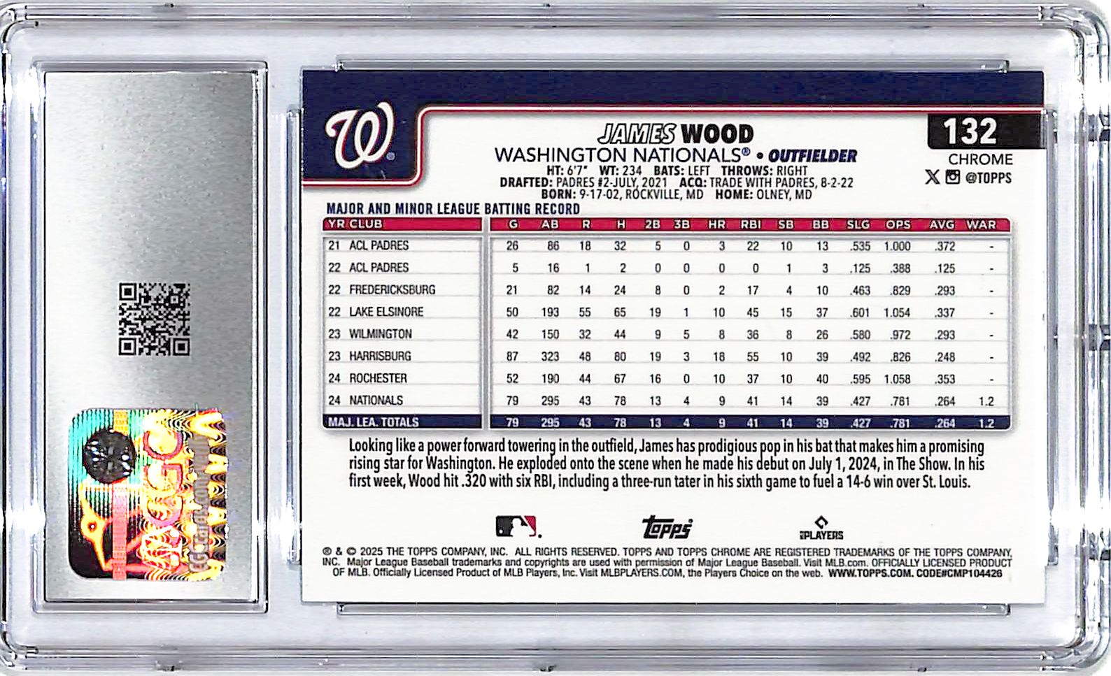 2025 Topps Chrome James Wood Rookie RC Teal Refractor /299 CGC 9 Nationals