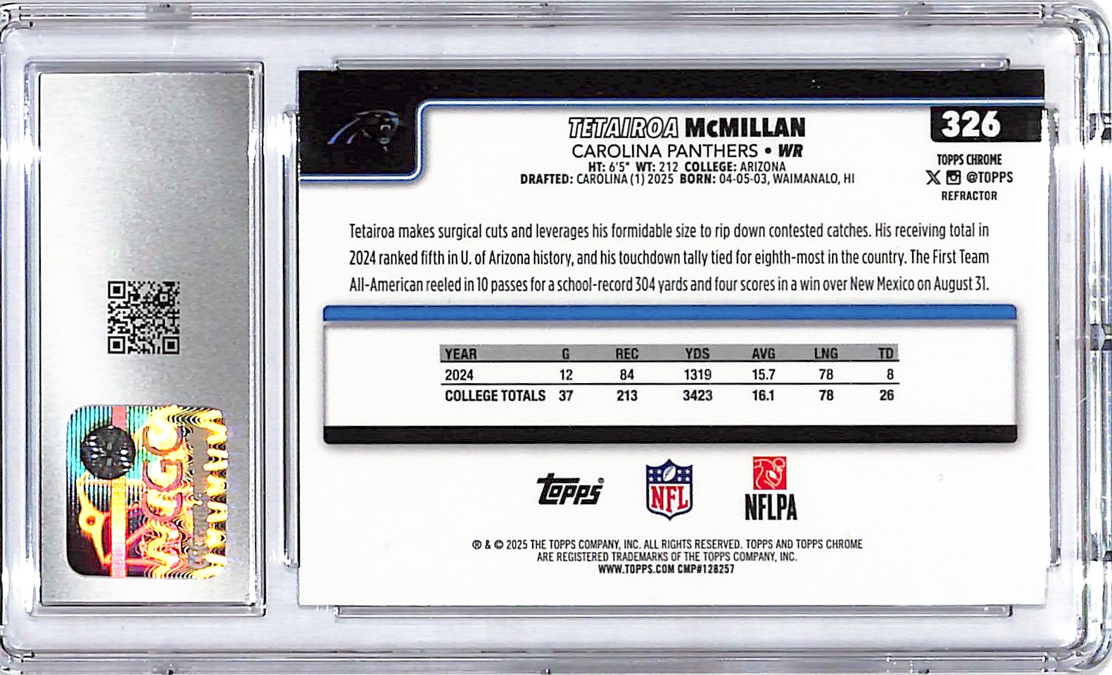 2025 Topps Chrome Tetairoa McMillan Rookie RC Refractor CGC 9 Panthers