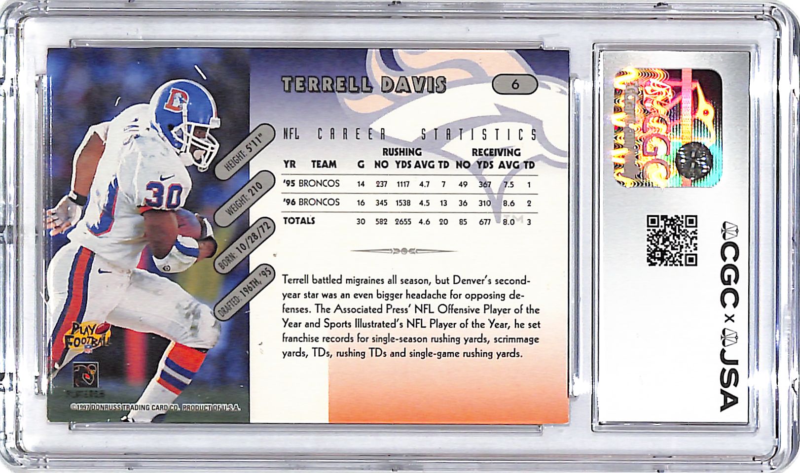1997 Donruss Terrell Davis Auto Autograph CGC Authentic Broncos