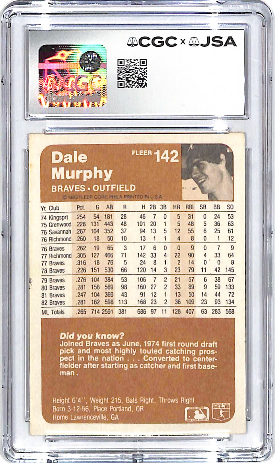 1983 Fleer Dale Murphy Auto Autograph CCG Authentic Braves