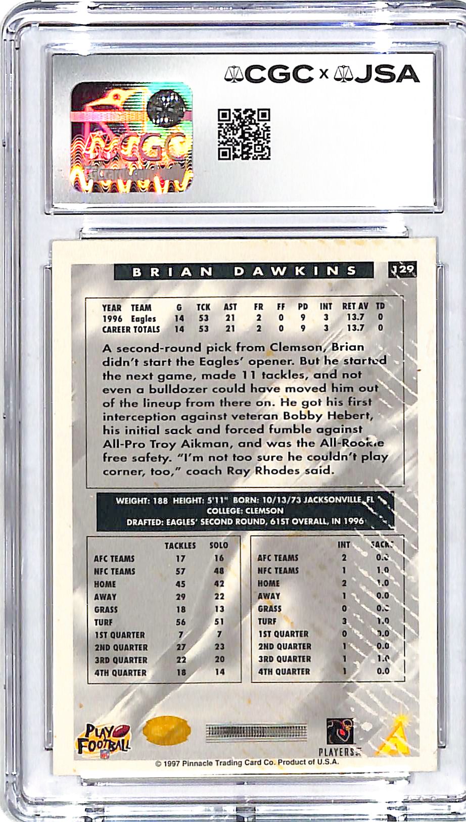 1997 Score Brian Dawkins Hobby Reserve Auto Autograph CGC Authentic Eagles