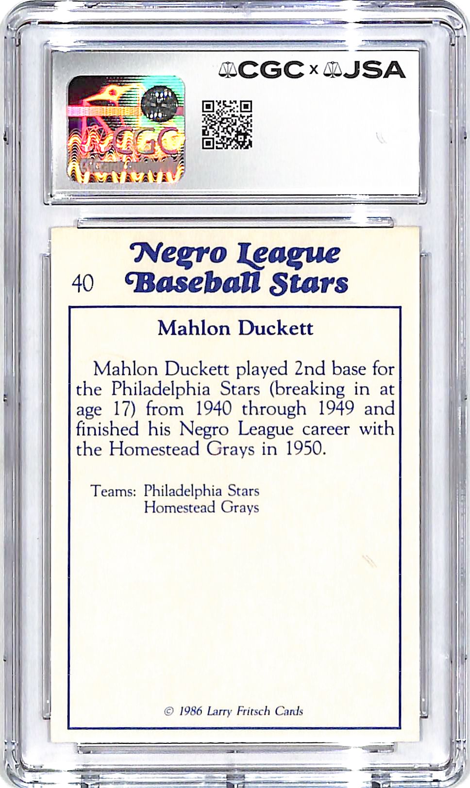 1986 Fritsch Negro League Stars Mahlon Duckett Auto Autograph CGC Authentic
