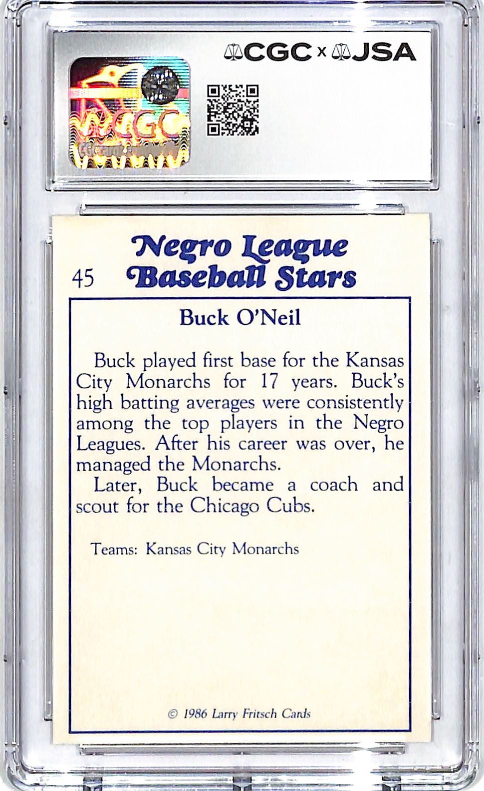 1986 Fritsch Negro League Stars Buck O'Neil Auto Autograph CGC Authentic