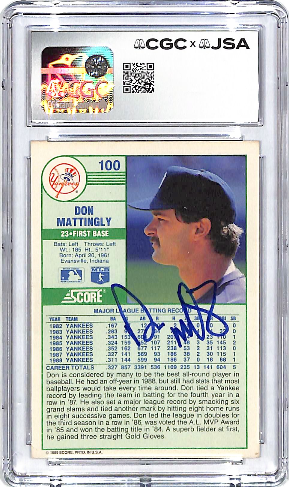 1989 Score Don Mattingly Auto Autograph CGC Authentic Yankees