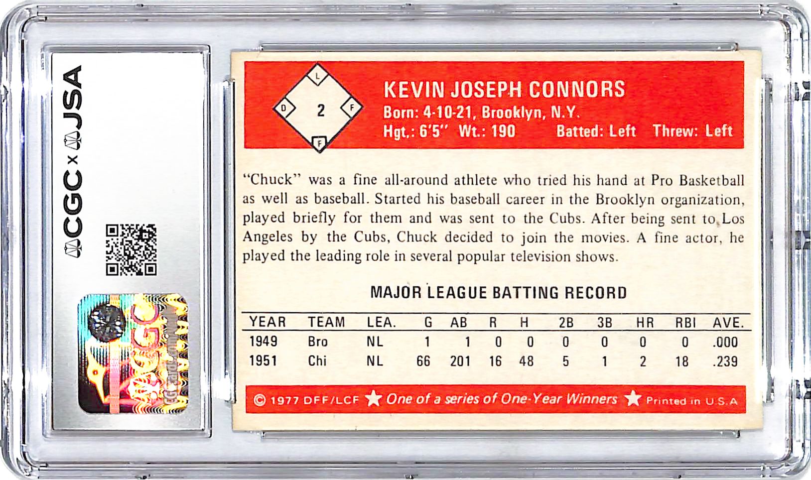 1977 Fritsch One Year Winners Chuck Connors Auto Autograph CGC Authentic