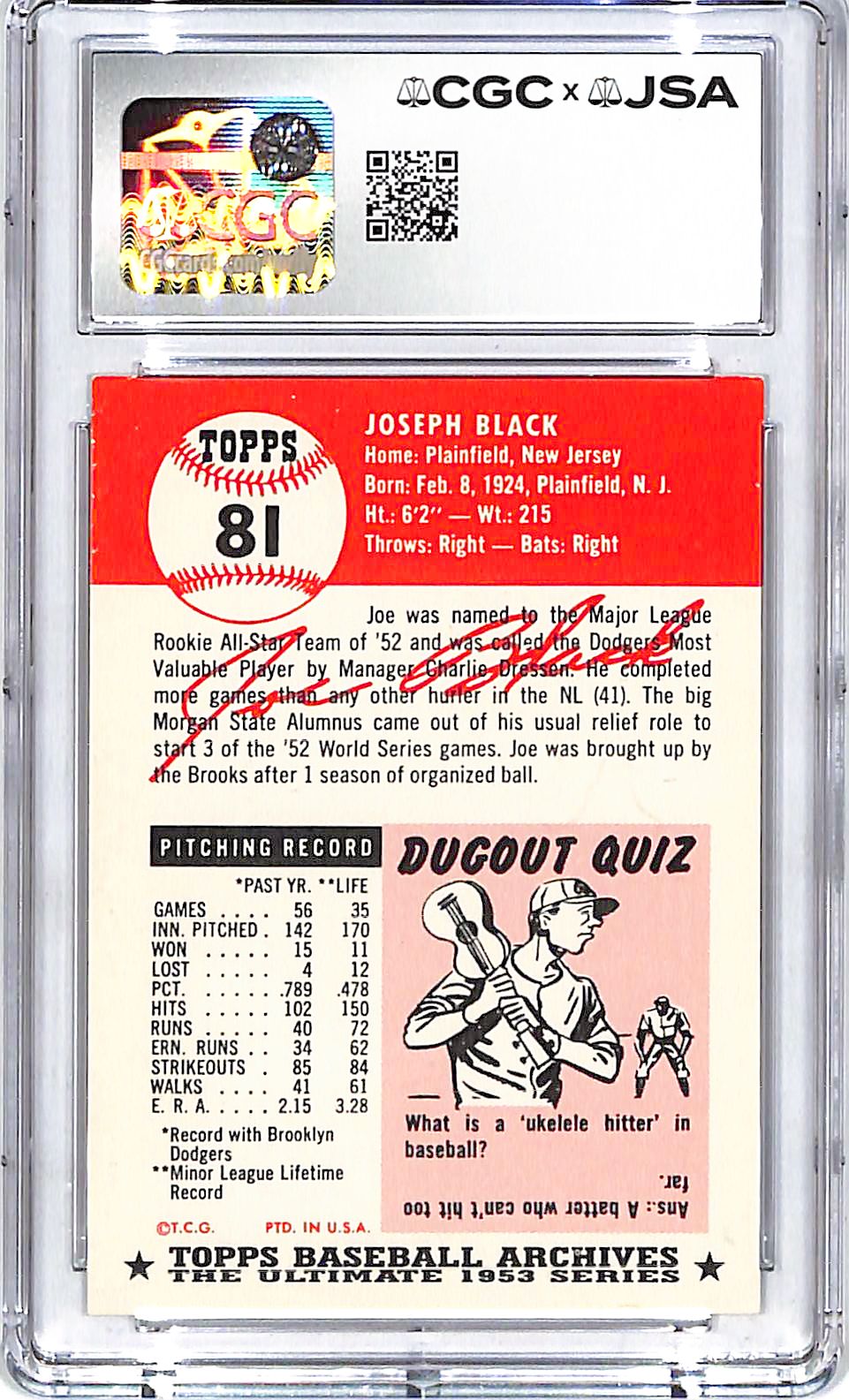 1991 Topps Archives 53 Joe Black Auto Autograph CGC Authentic Dodgers