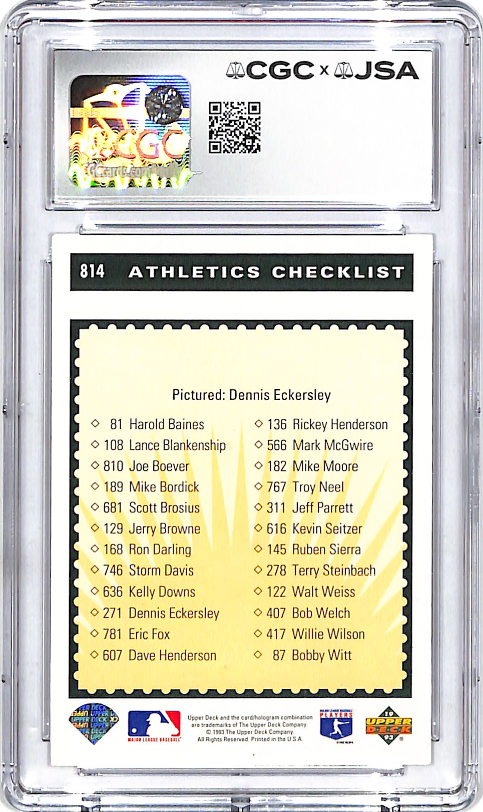 1993 Upper Deck Dennis Eckersley Auto Autograph CGC Authentic Athletics