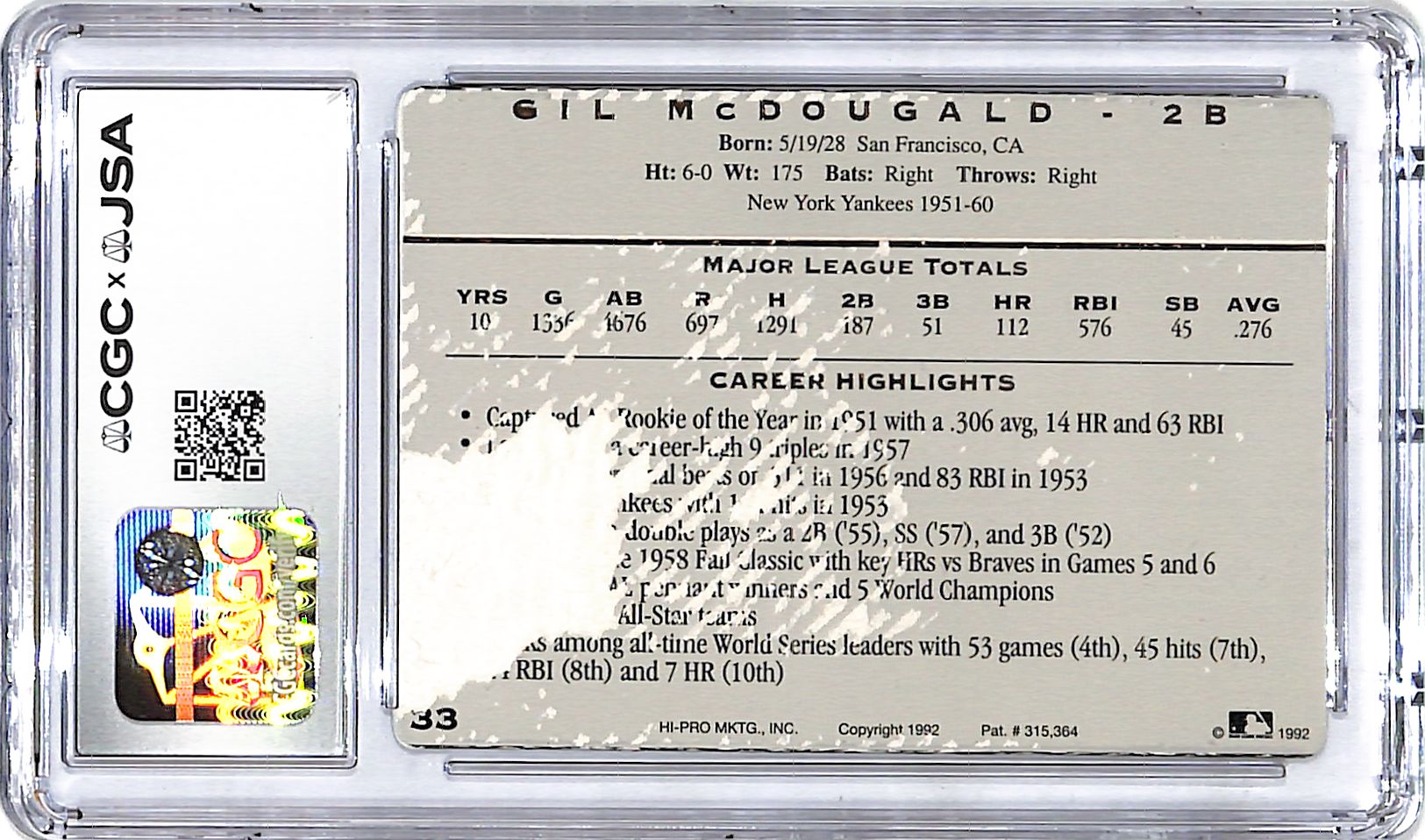 1992 Action Packed Gil McDougald Auto Autograph CGC Authentic Yankees