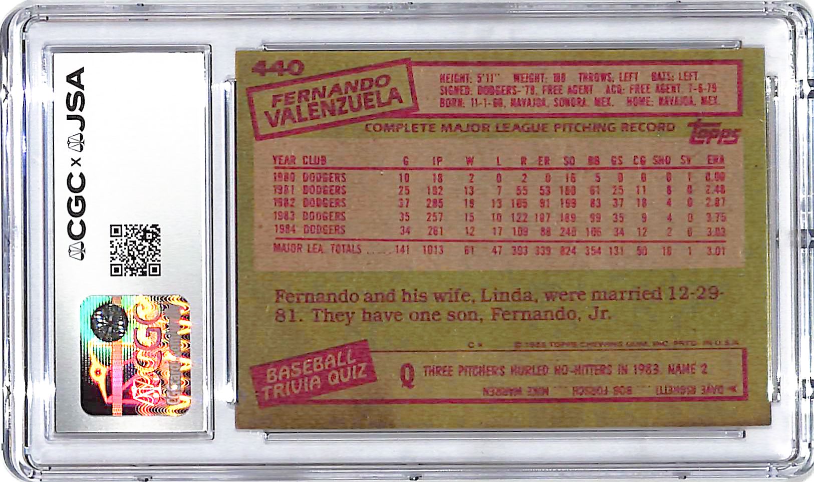 1985 Topps Fernando Valenzuela Auto Autograph CGC Authentic Dodgers