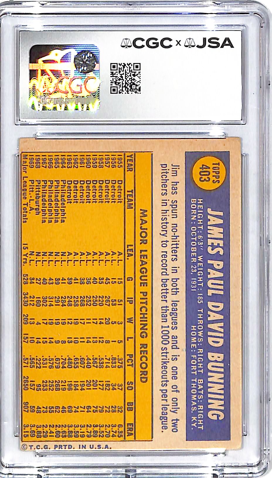 1970 Topps Jim Bunning Auto Autograph CGC Authentic Phillies