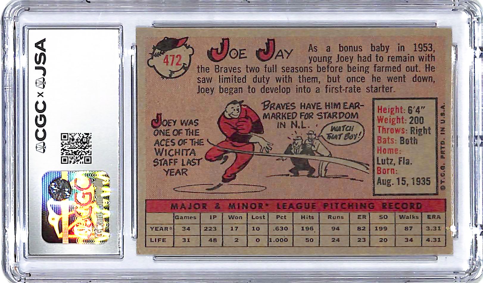 958 Topps Joe Jay Auto Autograph CGC Authentic Braves