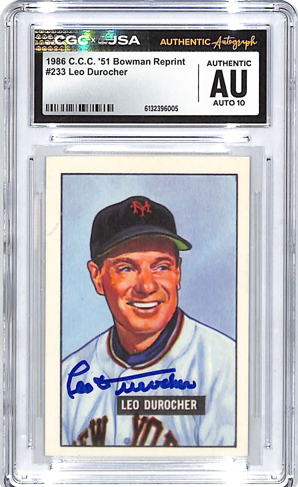 1986 C.C.C. 51 Bowman Reprint Leo Durocher Auto Autograph CCG Authentic Mets