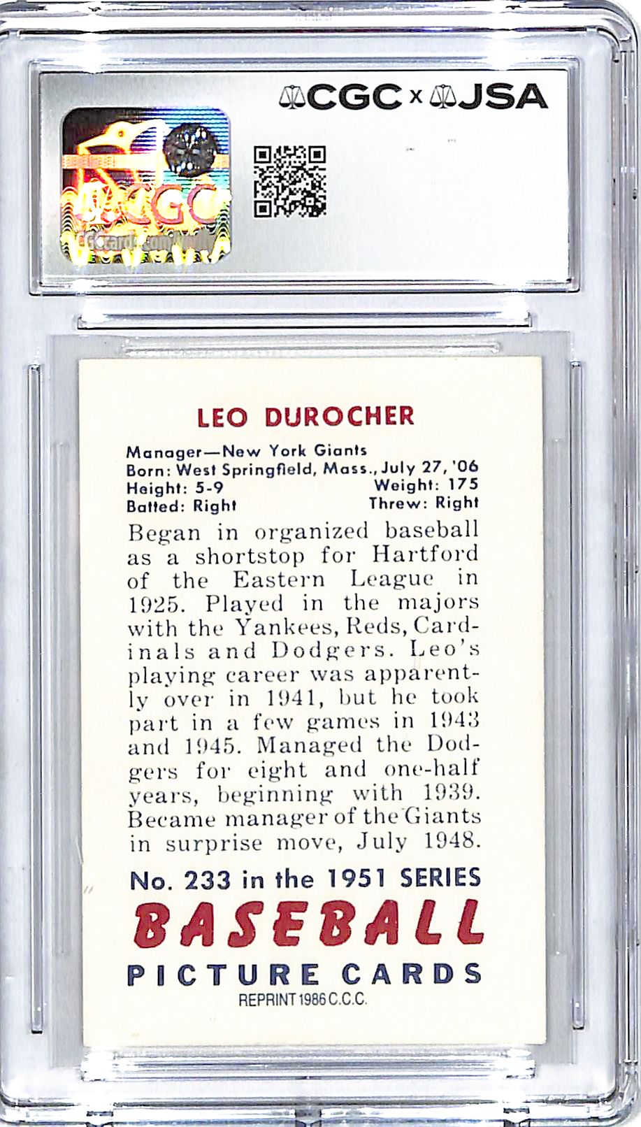 1986 C.C.C. 51 Bowman Reprint Leo Durocher Auto Autograph CCG Authentic Mets