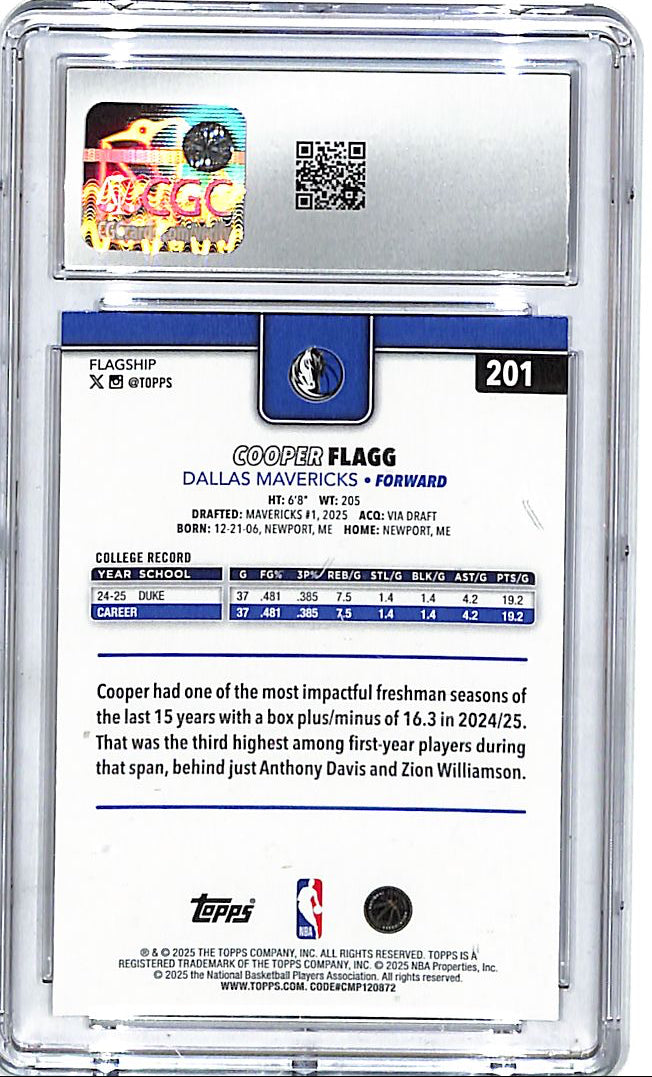 2025-26 Topps Cooper Flagg Rookie RC #201 CGC 10 Mavericks