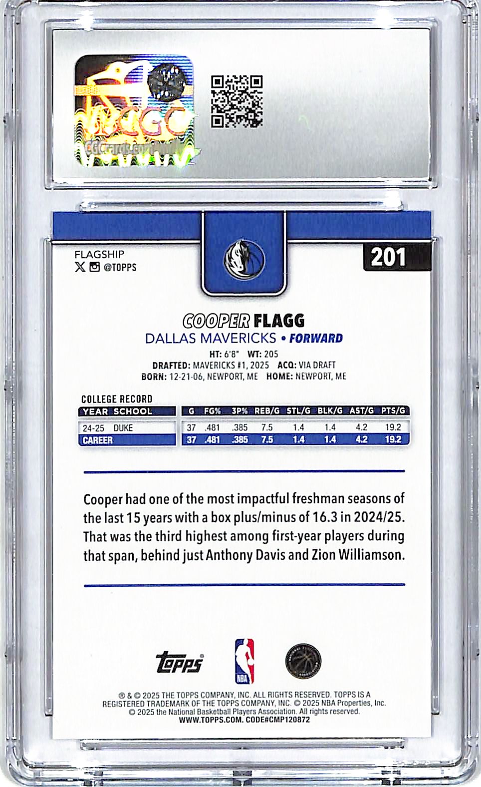 2025-26 Topps Cooper Flagg Rookie RC #201 CGC 10 Mavericks
