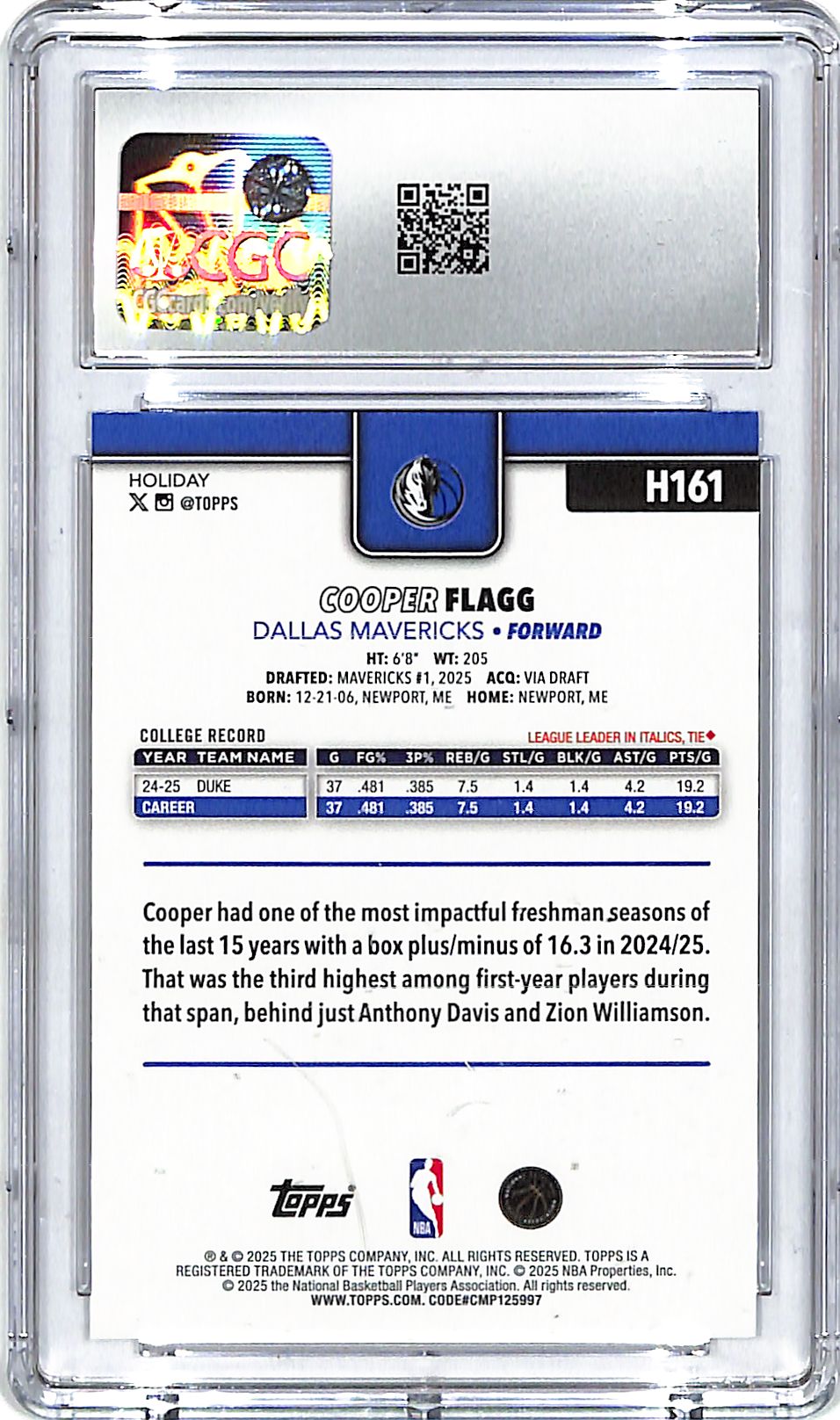 2025-26 Topps Holiday Cooper Flagg Rookie RC CGC 10 Mavericks