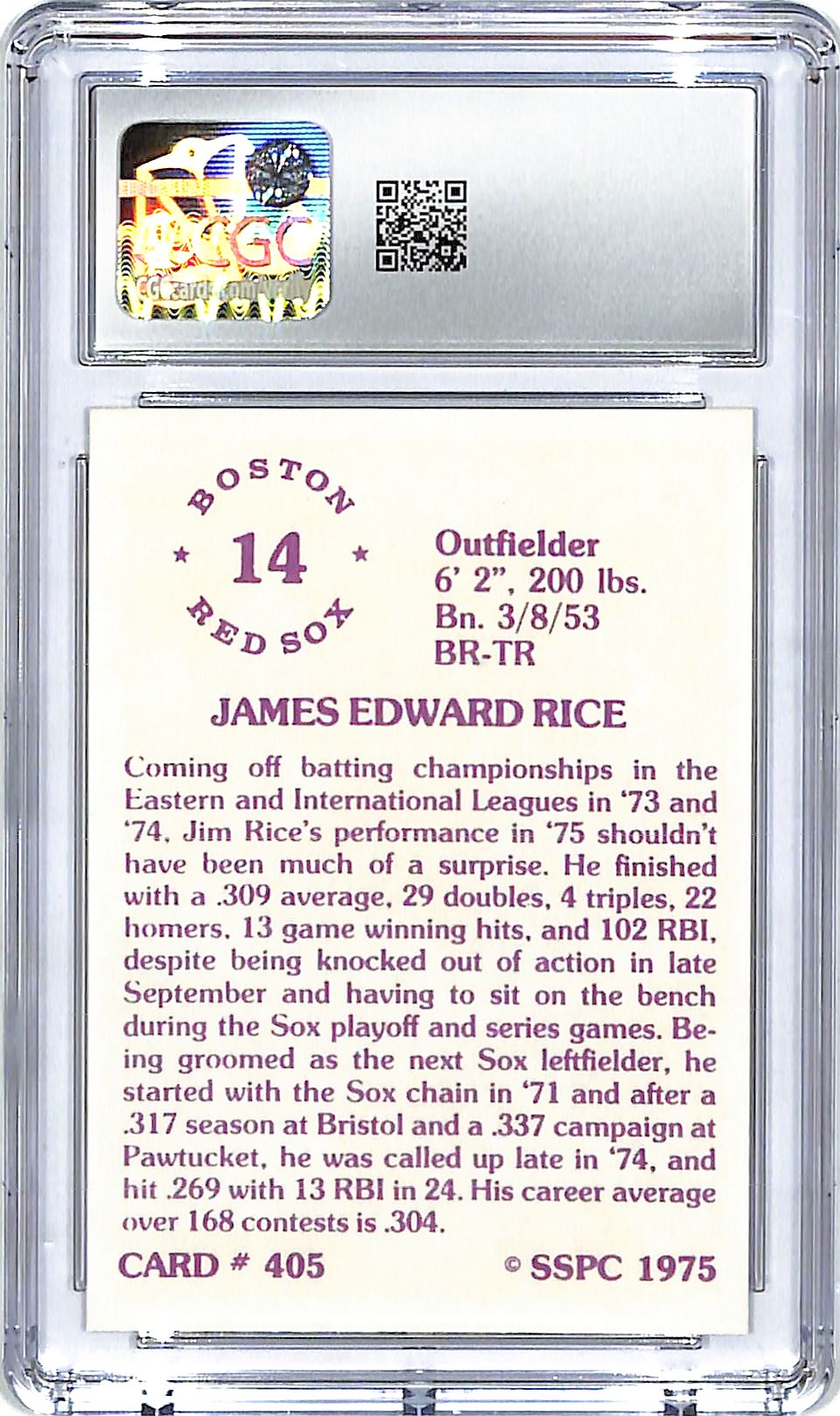 1976 SSPC Jim Rice Rookie RC #405 CGC 9 Red Sox