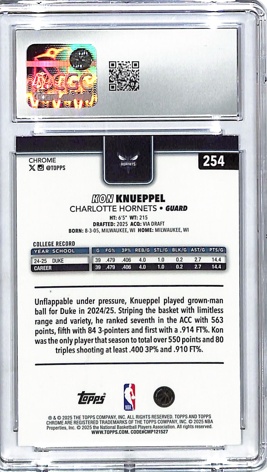 2025-26 Topps Chrome Kon Knueppel Rookie RC #254 CGC 10 Hornets