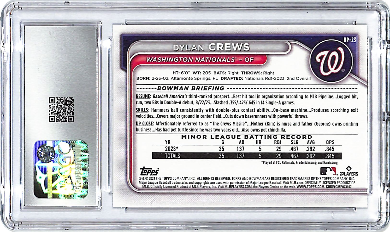 2024 Bowman Dylan Crews Prospects BP-23 Rookie CGC 10 Nationals