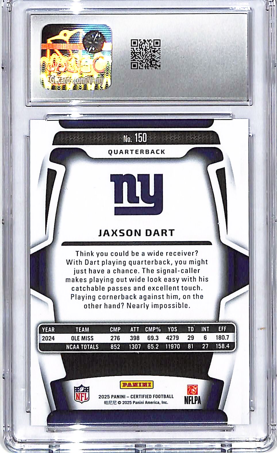 2025 Certified Jaxson Dart Rookie RC Mirror Purple /299 CGC 10 Giants