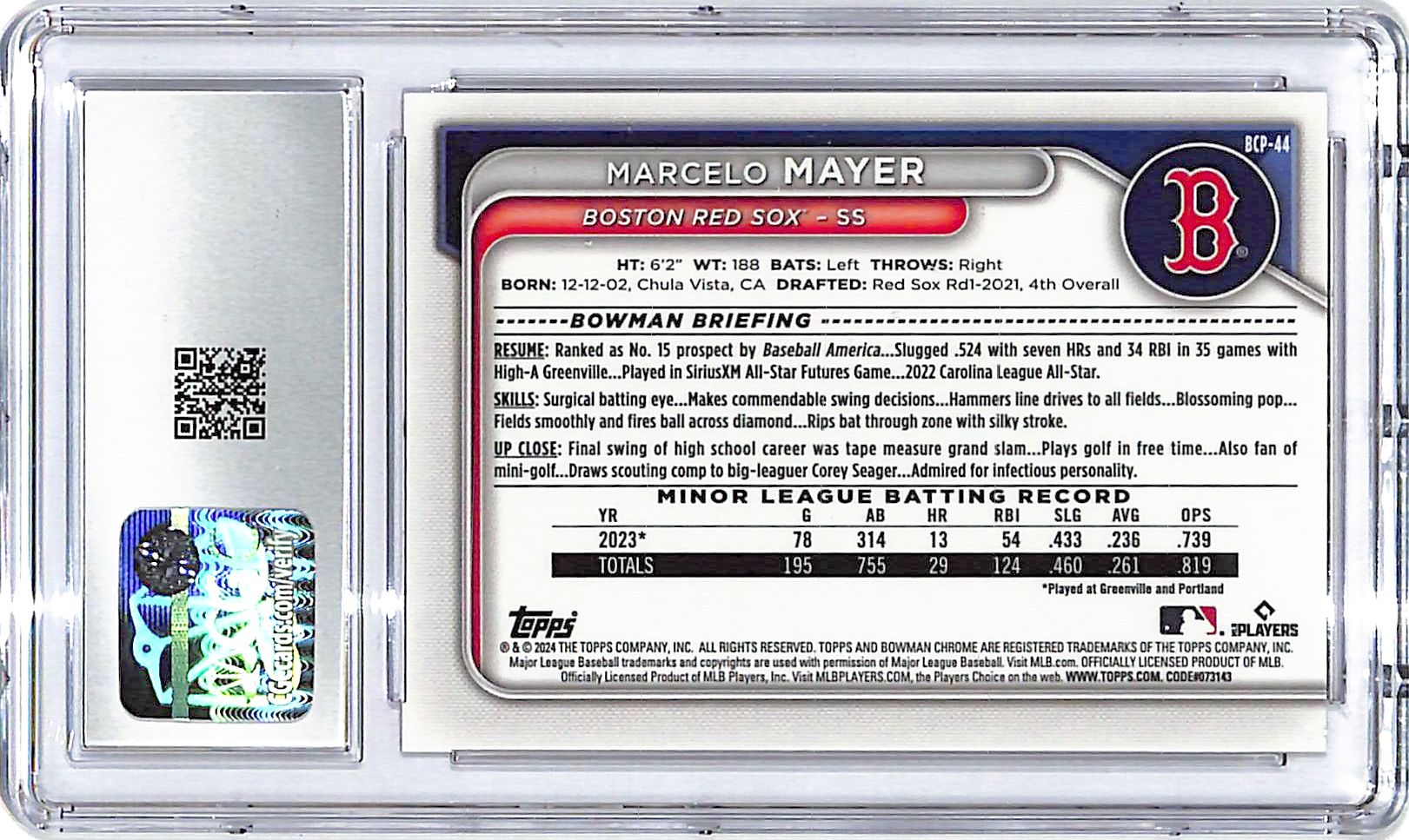 2024 Bowman Chrome Marcelo Mayer Prospects Fuchsia Refractor /199 CGC 9.5