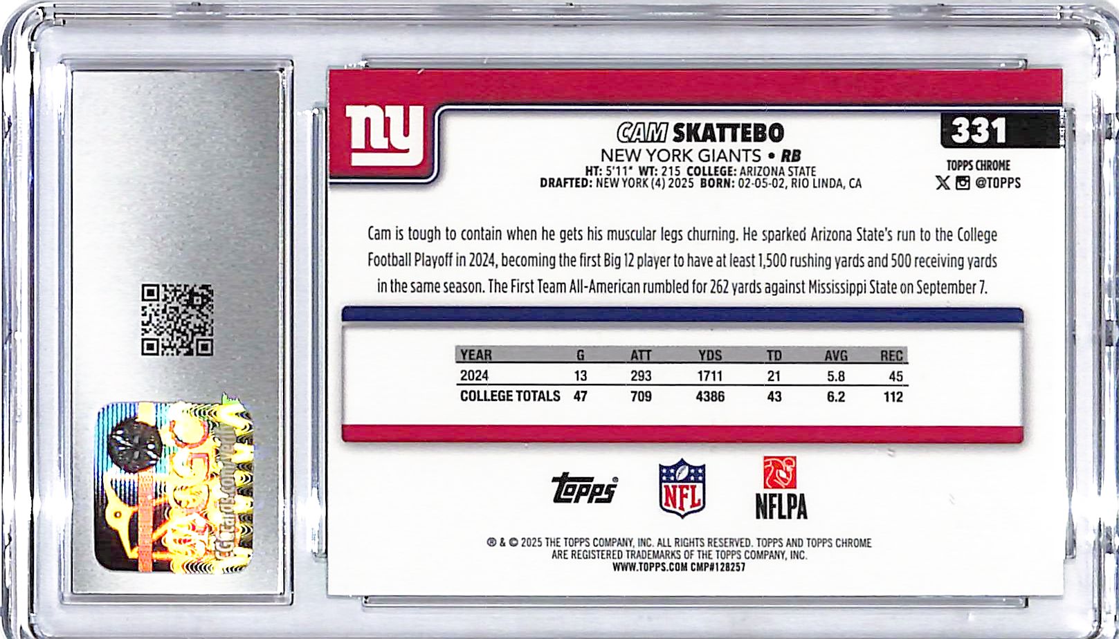2025 Topps Chrome Cam Skattebo Rookie RC Green Refractor /99 CGC 9 Giants