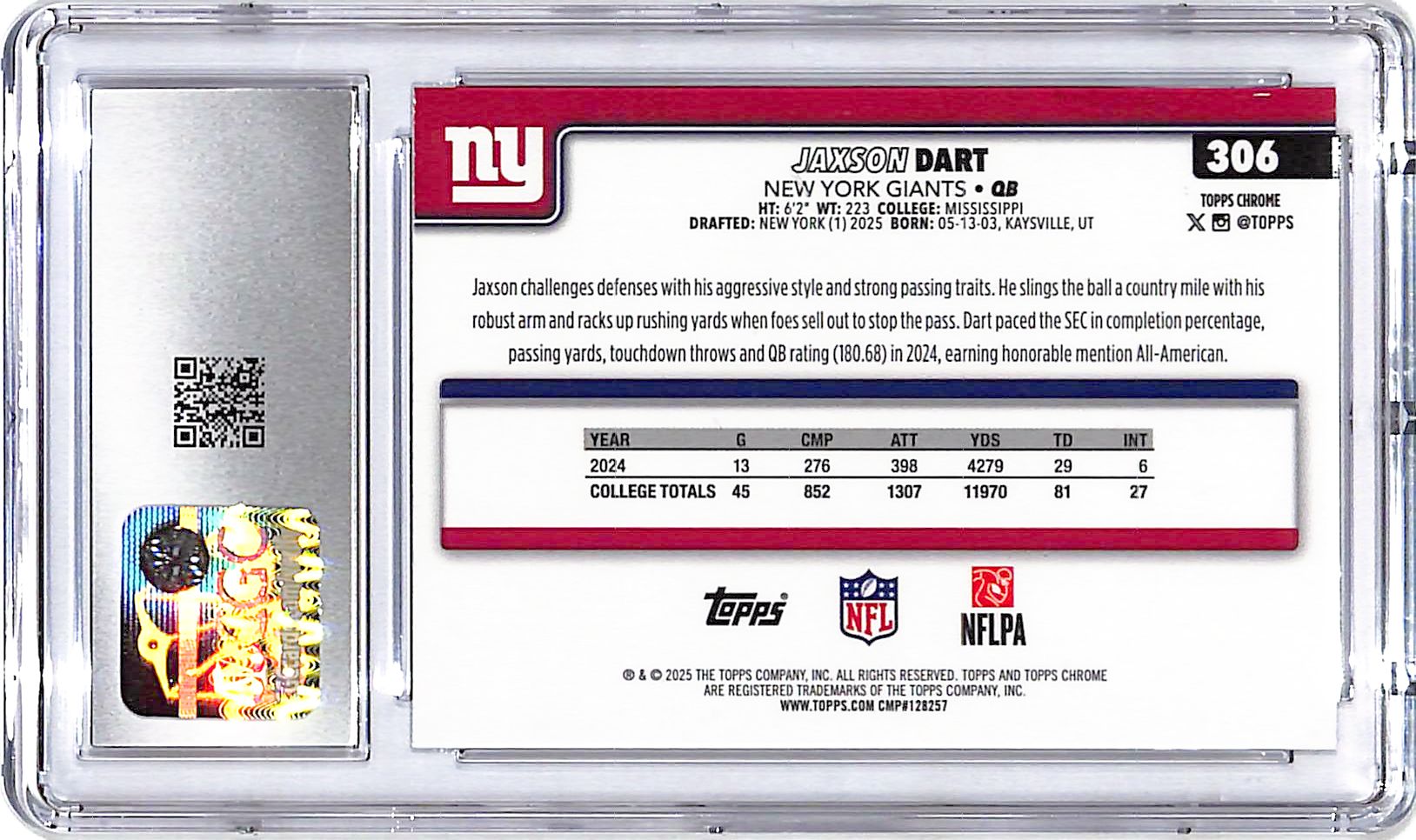 2025 Topps Chrome Jaxson Dart Rookie RC Xfractor CGC 9 Giants
