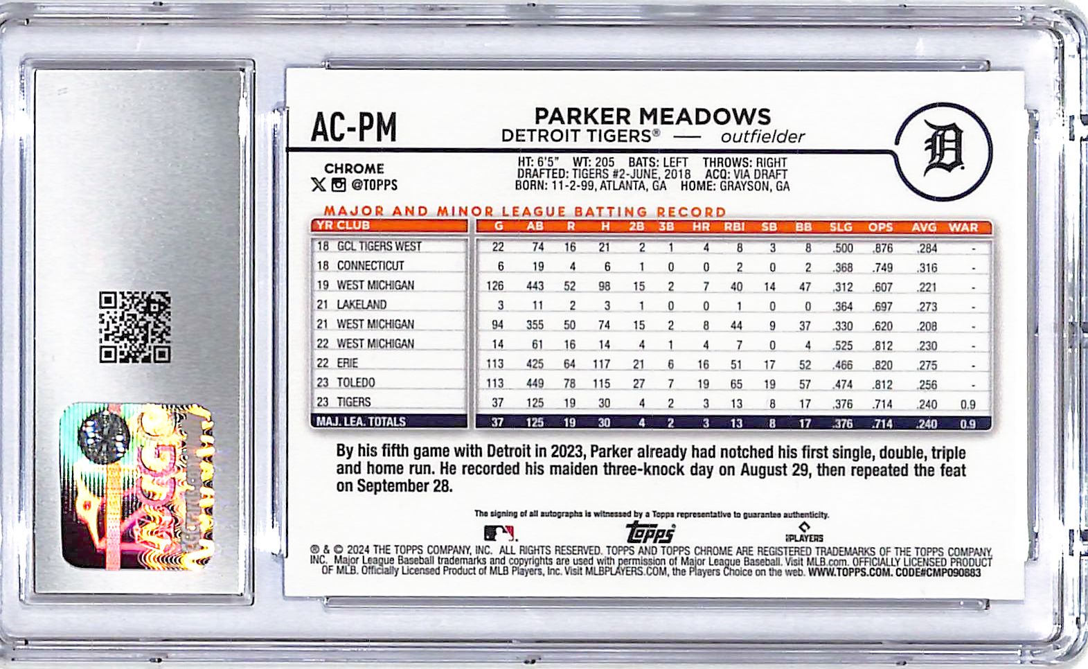 2024 Topps Chrome Update Parker Meadows Auto Autograph Rookie RC Blue Refractor CGC 10 /150