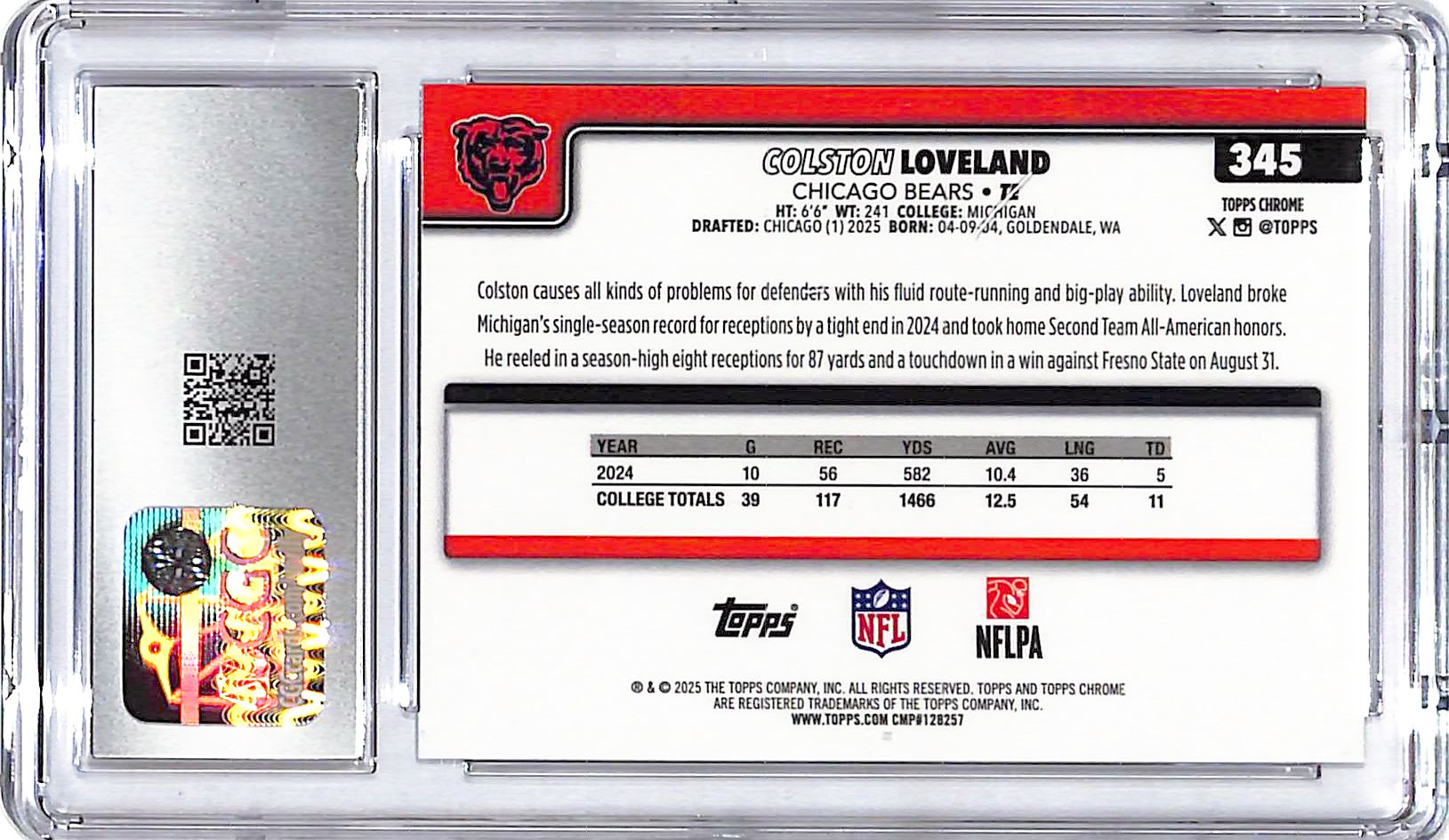 2025 Topps Chrome Colston Loveland Rookie RC Pulsar Refractor CGC 9.5 Bears