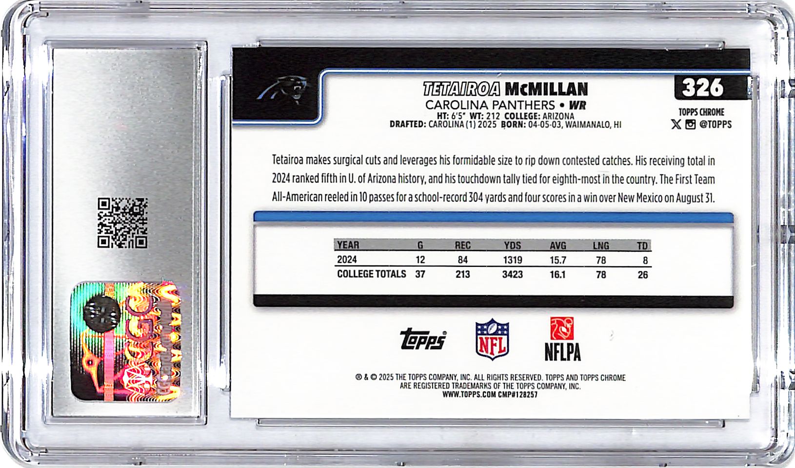 2025 Topps Chrome Tetairoa McMillan Rookie RC Pulsar Refractor CGC 9 Panthers