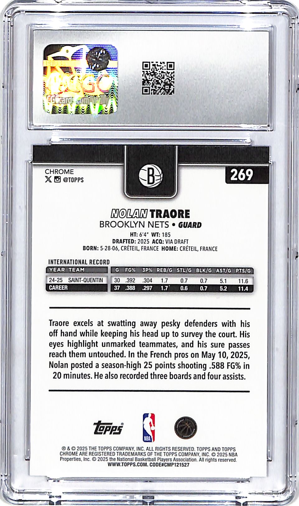 2025-26 Topps Chrome Nolan Traore Rookie RC Basketball Refractor CGC 10 Nets