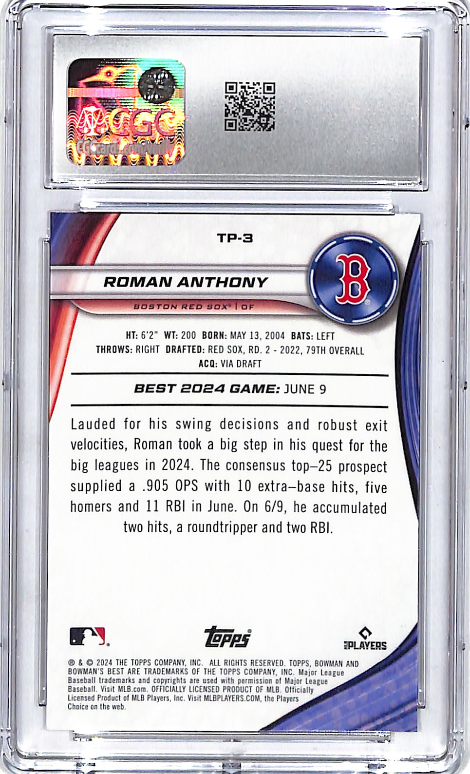 2024 Bowman's Best Roman Anthony Top Prospect Rookie RC CGC 10 Red Sox