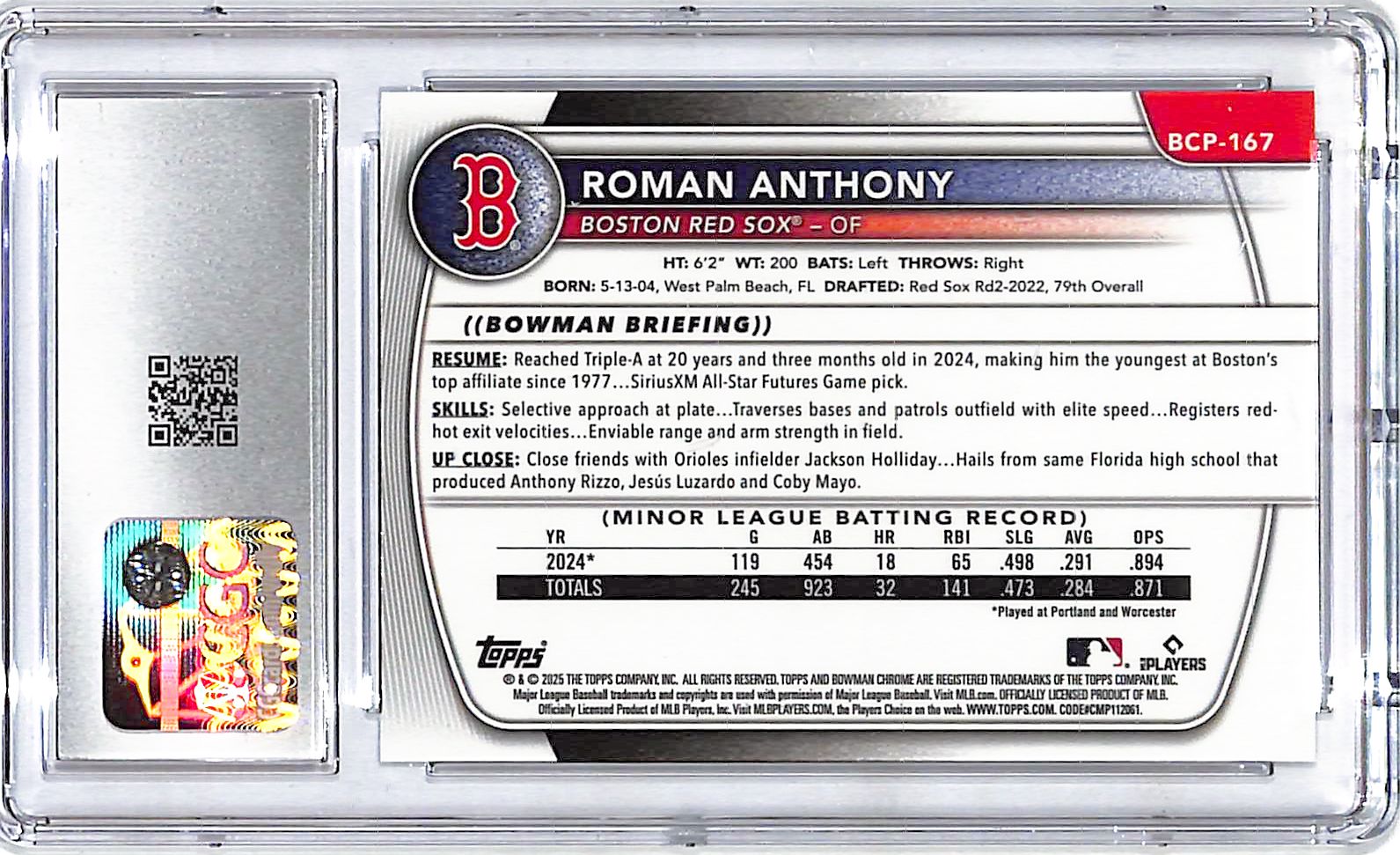 2025 Bowman Chrome Roman Anthony Rookie RC Lazer Refractor CGC 10 Red Sox