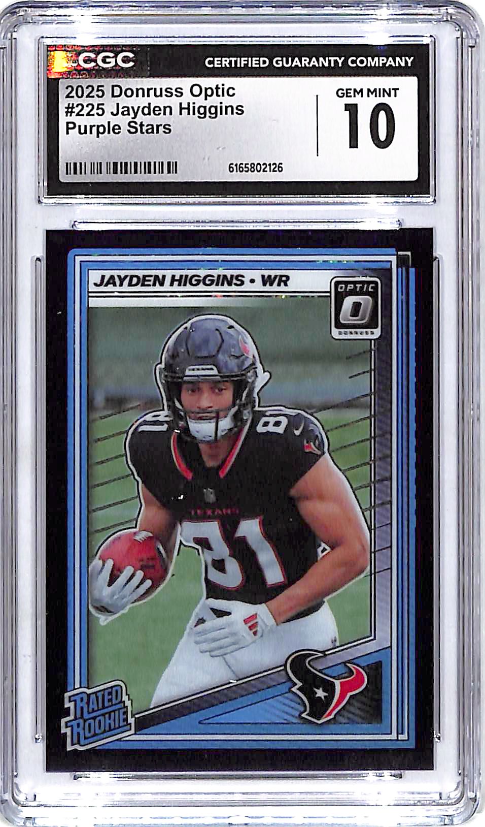 2025 Donruss Optic Jayden Higgins Rated Rookie RC Purple Stars /75 CGC 10 Texans