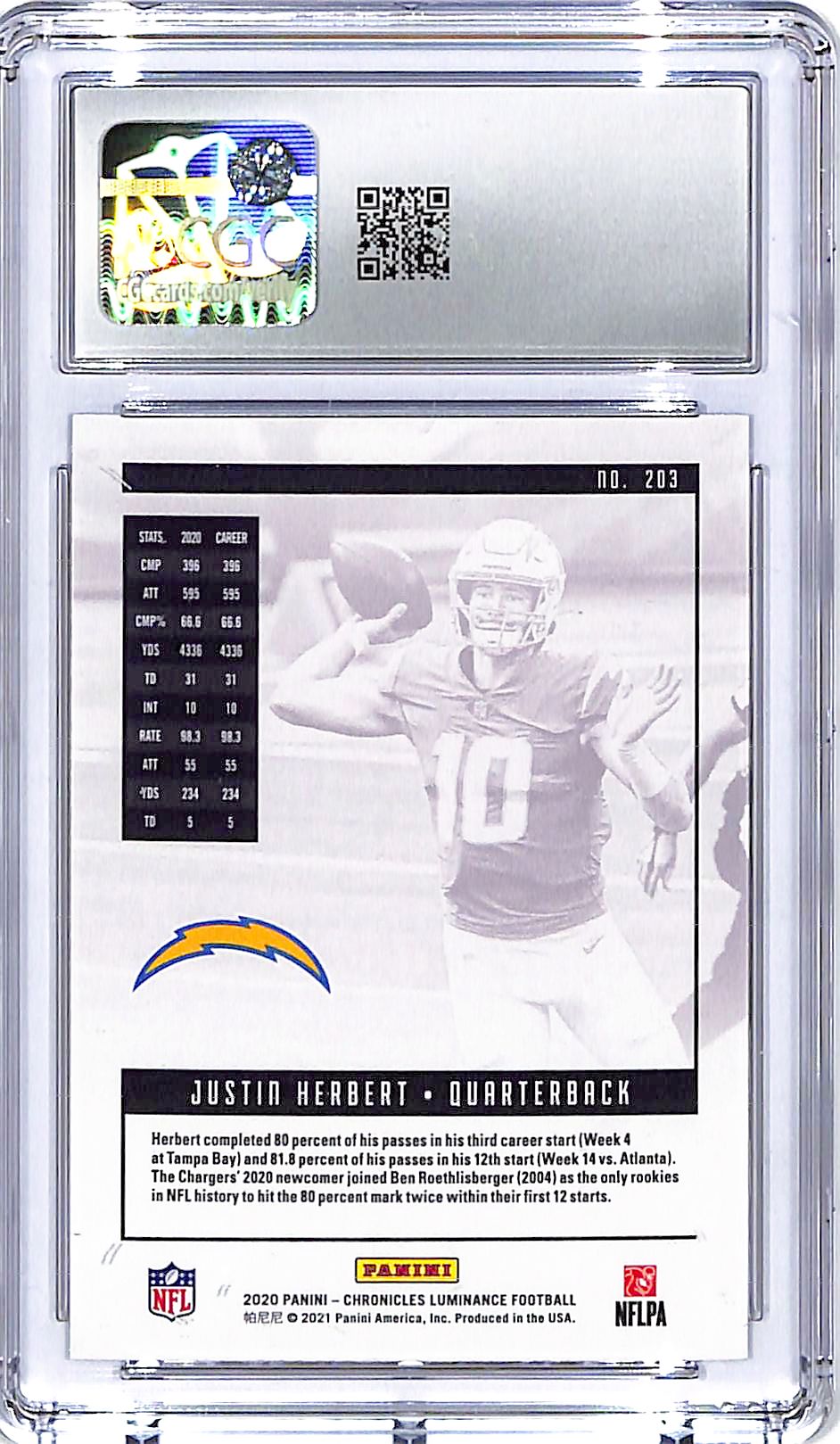 2020 Chronicles Justin Herbert Rookie RC Luminance #203 CGC 9.5 Chargers