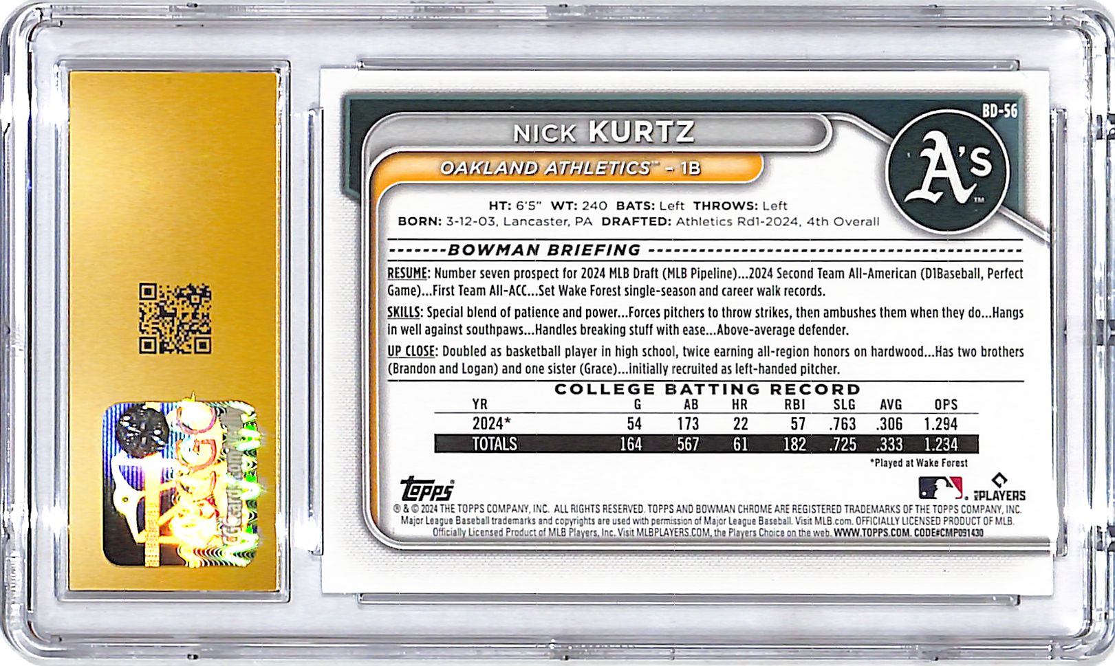 2024 Bowman Draft Nick Kurtz Rookie RC Prospect CGC 10 Pristine Athletics