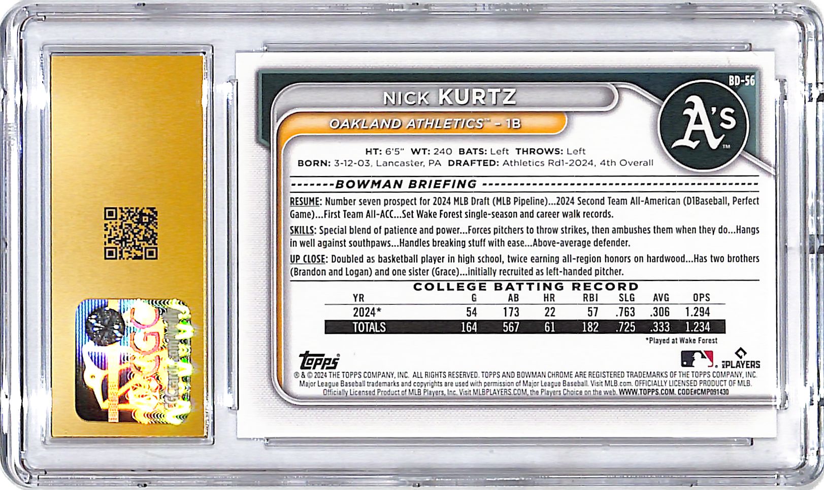 2024 Bowman Draft Nick Kurtz Rookie RC Prospect CGC 10 Pristine Athletics