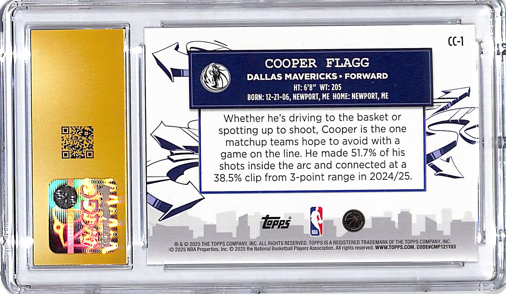 2025-26 Topps Cooper Flagg Clutch City Prospects Rookie RC CGC 10 Pristine Mavericks