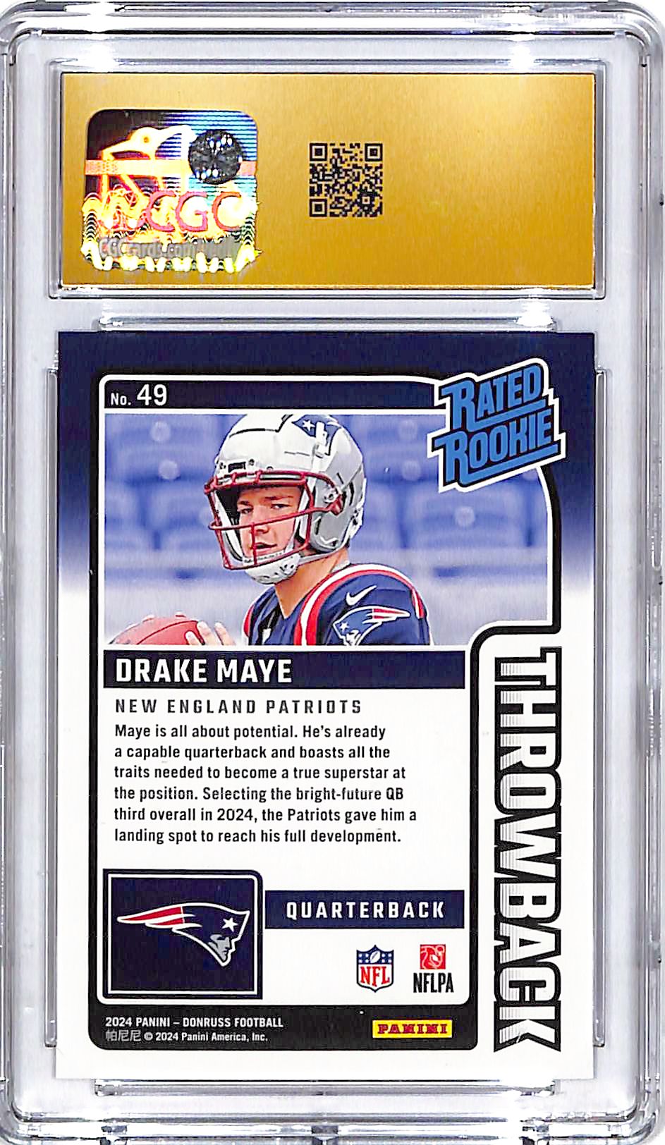 2024 Donruss Drake Maye Rated Rookie RC Throwback CGC 10 Pristine Patriots
