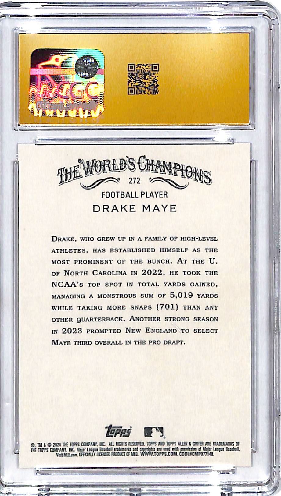 2024 Topps Allen and Ginter Drake Maye ROokie RC #272 CGC 10 Pristine Patriots