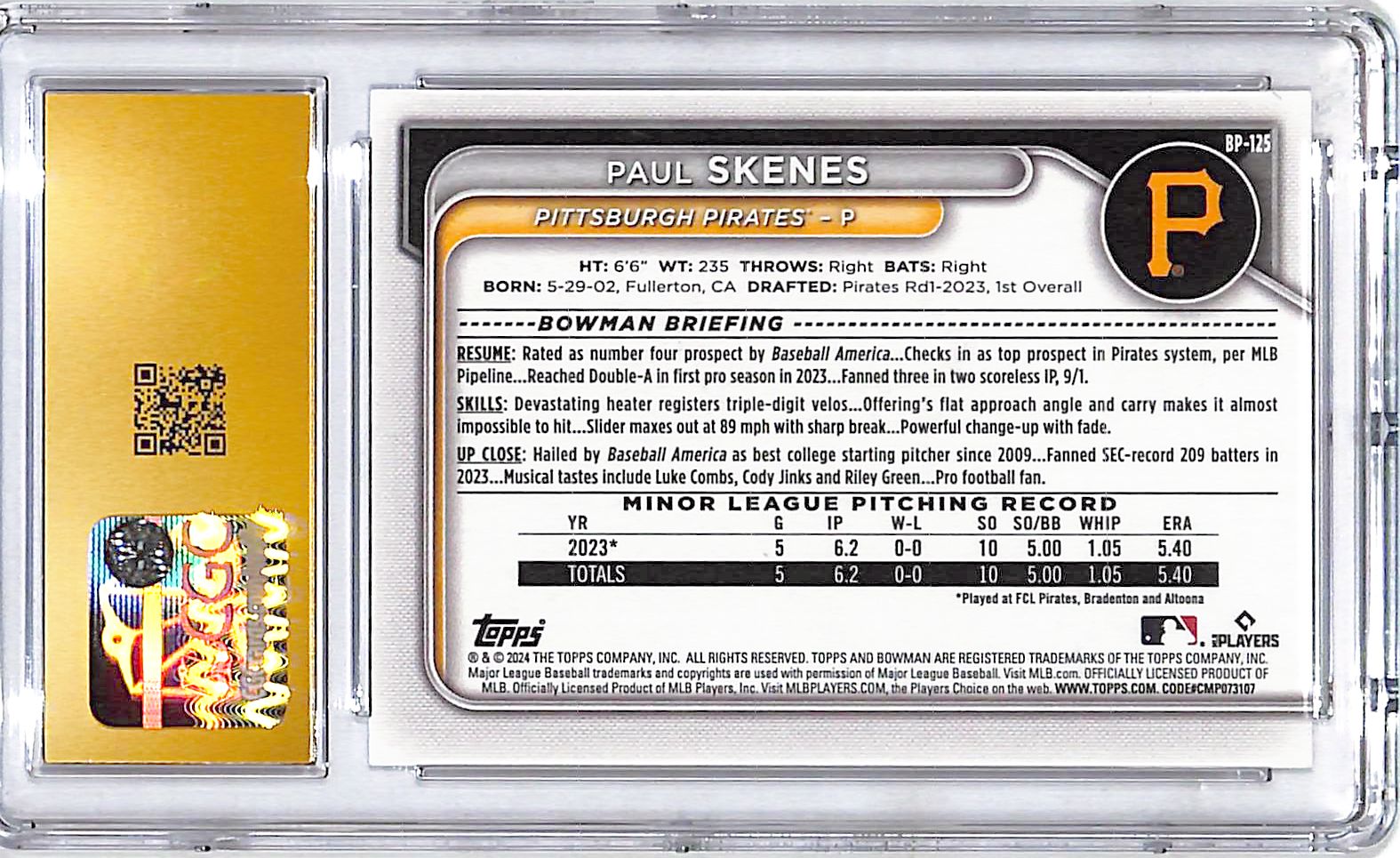 2024 Bowman Paul Skenes Prospect Rookie RC CGC 10 Pristine Pirates