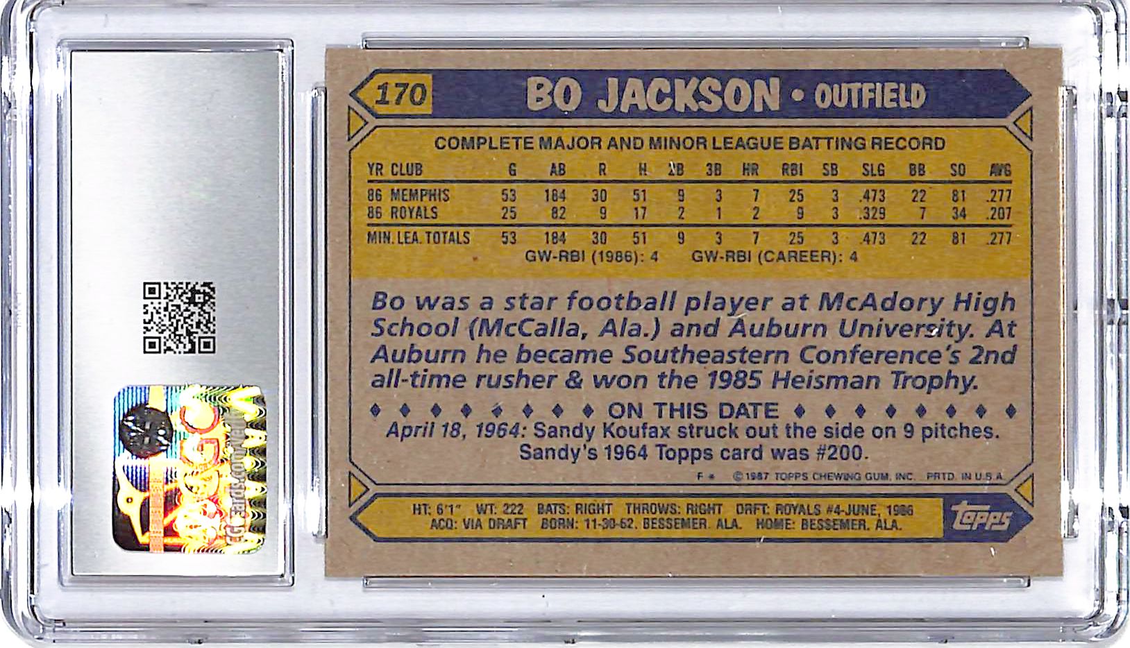 1987 Topps Bo Jackson Rookie RC Futurę Stars #170 CGC 9 Royals